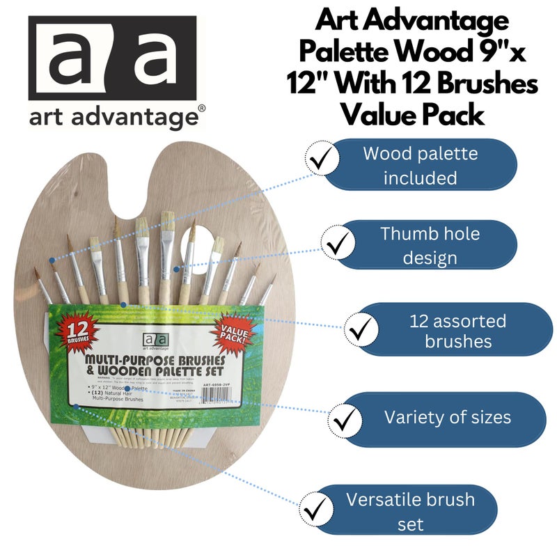 ART ADVANTAGE Palette Wood 9"x 12" with 12 Brushes Value Pack, Brown - Image 2